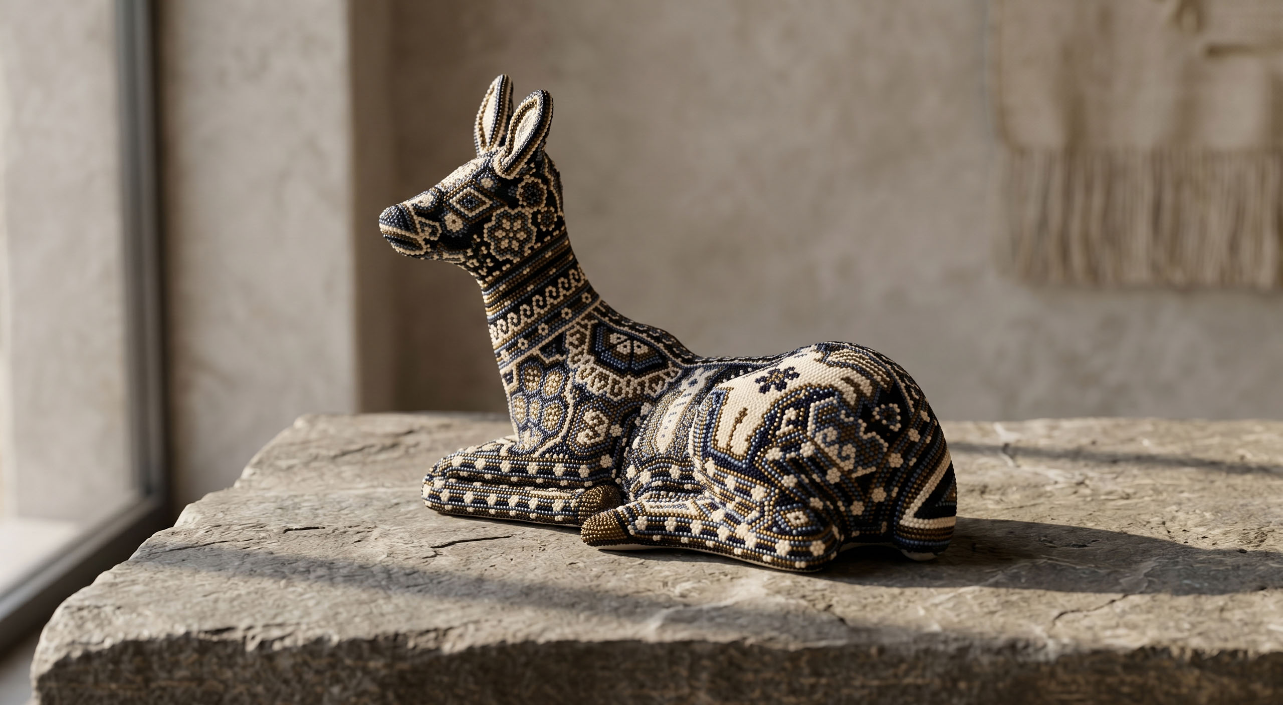 Vibrant Huichol beaded deer skull sculpture covered in intricate multicolour geometric patterns and spiritual symbols
