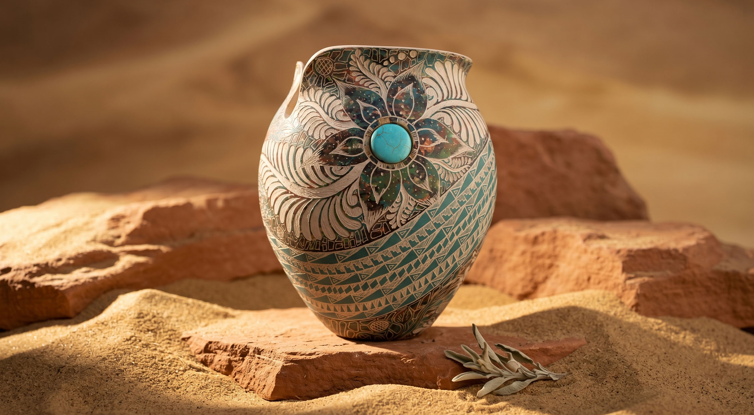 Hand-coiled Mata Ortiz pottery vessel with fine black-on-white geometric line patterns on a warm clay background